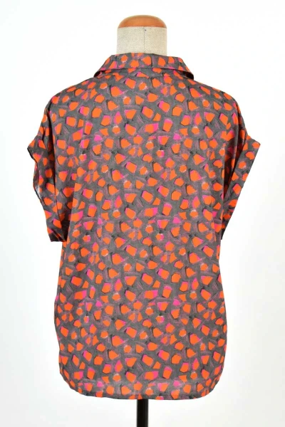 Viskose Bluse Damen Kurzarm Grau Orange gemustert Front