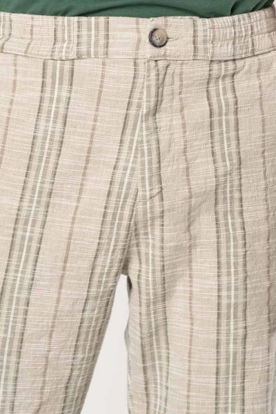 Joggpants für Herren in Beige gestreift Baumwolle-Leinen Detailansicht