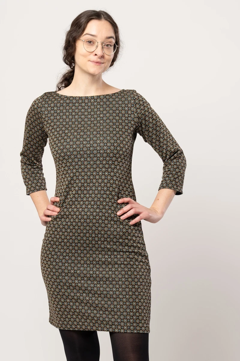 Kurzes Stiftkleid für Damen mit Retromuster in Braun und Petrol mit 3/4-Ärmel von Adrett